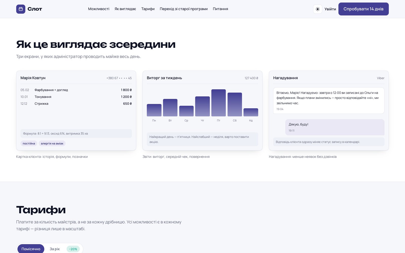 Три екрани програми: картка клієнта, звіт за тиждень і нагадування у месенджері